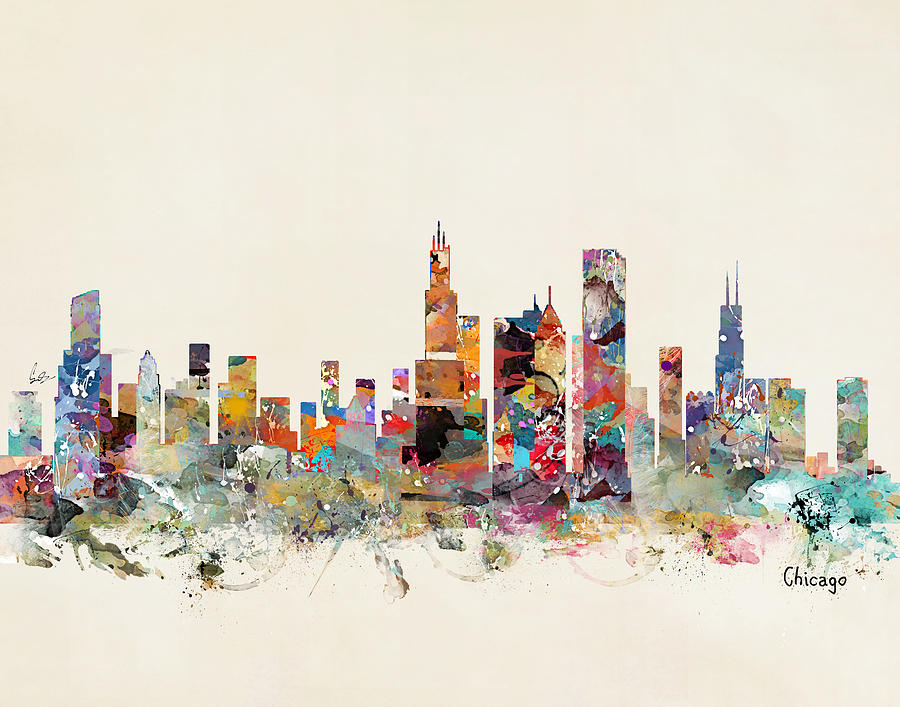 900x707 Chicago City Skyline Painting By Bleu Bri - Chicago Cityscape Painting