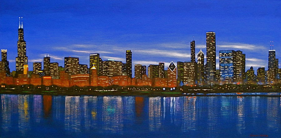 900x443 Chicago Skyline Nocturnal Glow Painting By J Loren Reedy - Chicago Cityscape Painting