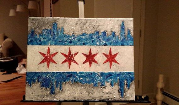 570x334 Chicago Flag With Skyline Acrylic Painting By Lauramayscrafts - Chicago Flag Painting