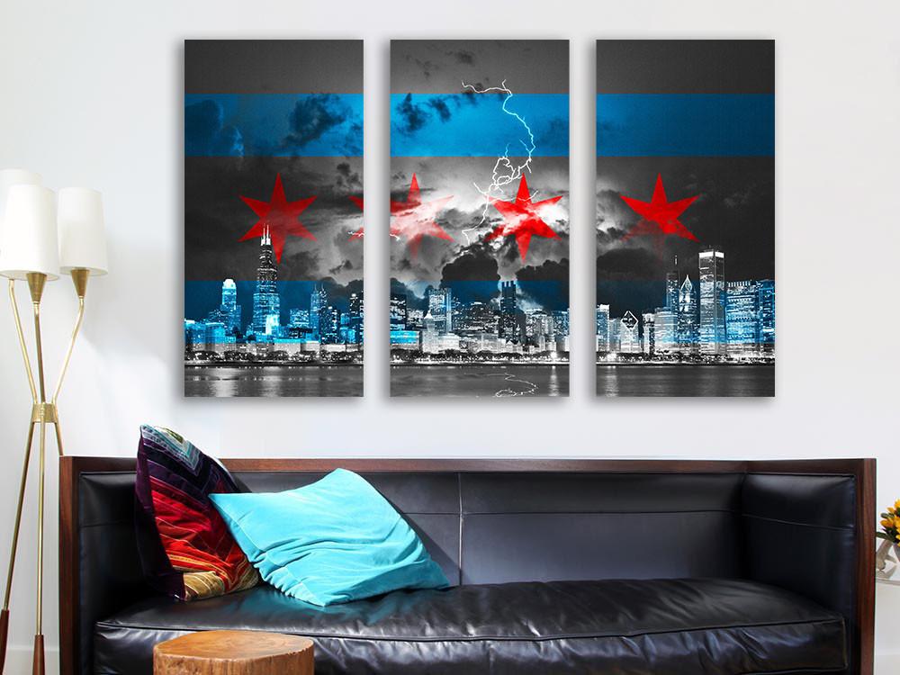 1000x750 Black Amp White Stormy Chicago Flag Skyline Canvas - Chicago Flag Painting