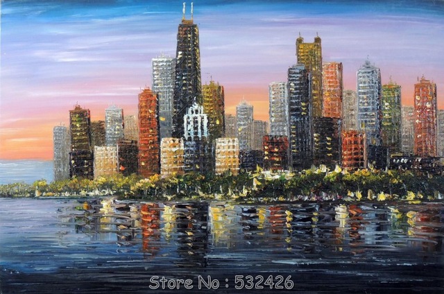 640x424 Chicago Dusk Sunset Downtown From Lake Michigan Handpainted Oil - Chicago Oil Painting