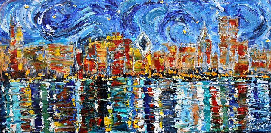 900x442 Chicago Skyline Starry Night Painting By Karen Tarlton - Chicago Oil Painting