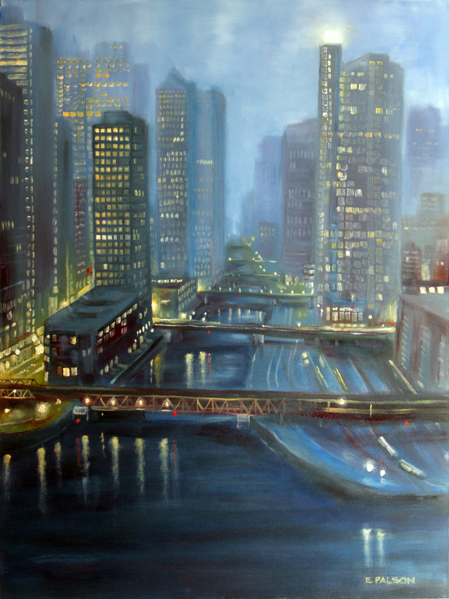 900x1200 Cityscape Oil Paintings Chicago River By Eric Palson - Chicago Oil Painting