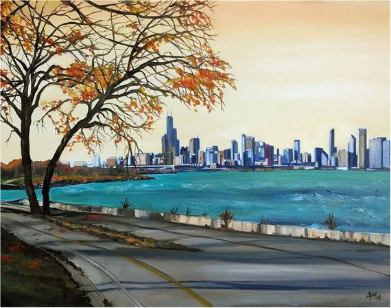 570x448 Lake Shore Drive Chicago Oil Painting 15x12in Giclee Print - Chicago Oil Painting