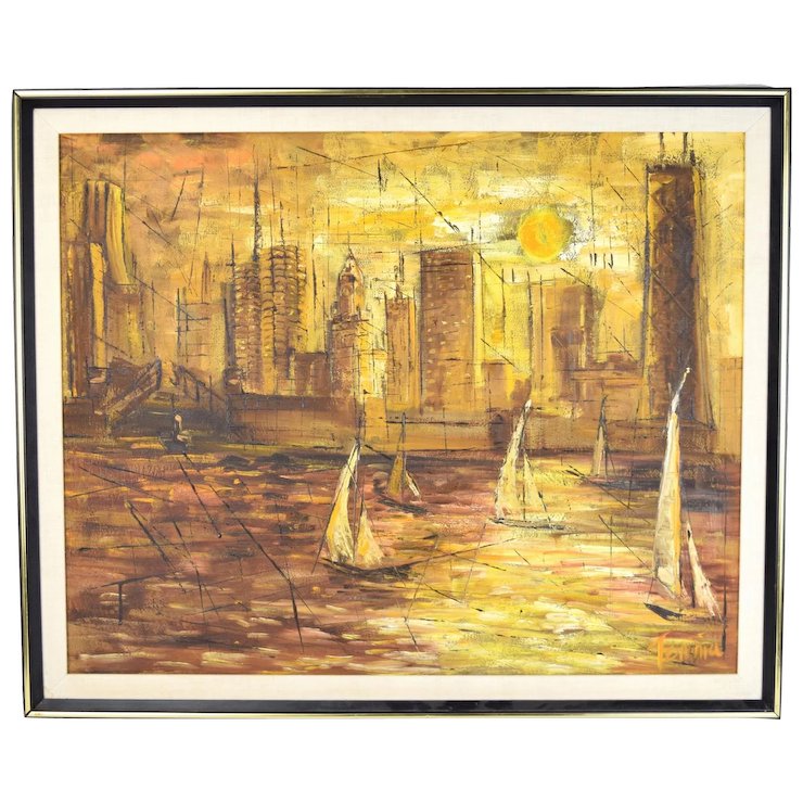 740x740 Mid Century Modern Abstract Painting Chicago Cityscape Marina - Chicago Painting