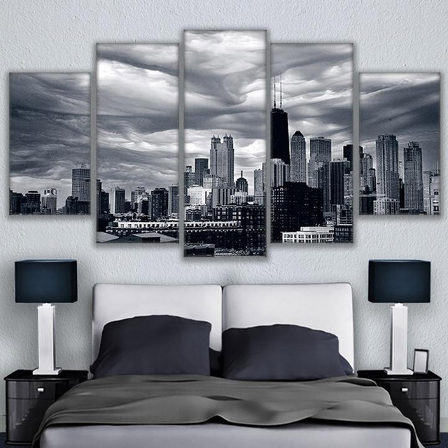 640x640 Modular Picture Painting 5 Panel Chicago Skyline Building Modern - Chicago Skyline Canvas Painting