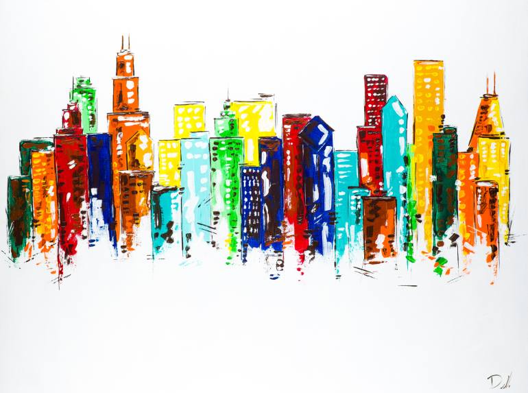 770x573 Saatchi Art Colorful Abstract Chicago Skyline Painting By Dell - Chicago Skyline Painting