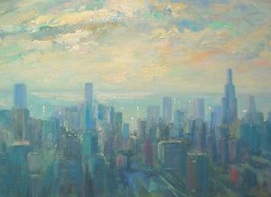 300x218 Well Listed American Artist Nino Pippa Chicago Skyline Painting - Chicago Skyline Painting