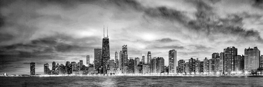 900x300 Chicago Gotham City Skyline Black And White Panorama Painting By - Chicago Skyline Painting