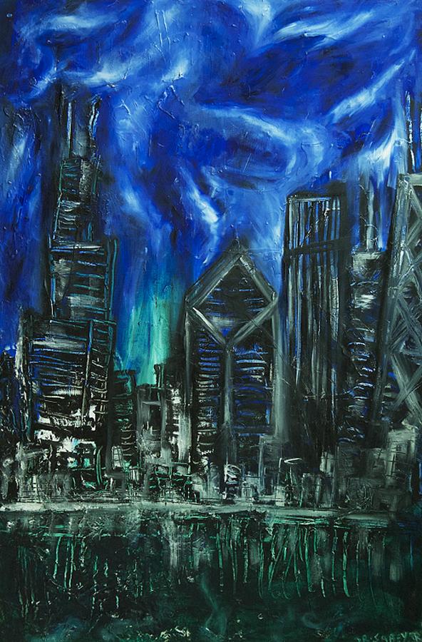 592x900 Chicago Huge Skyline Abstract Painting By John Sabey Jr - Chicago Skyline Painting Abstract