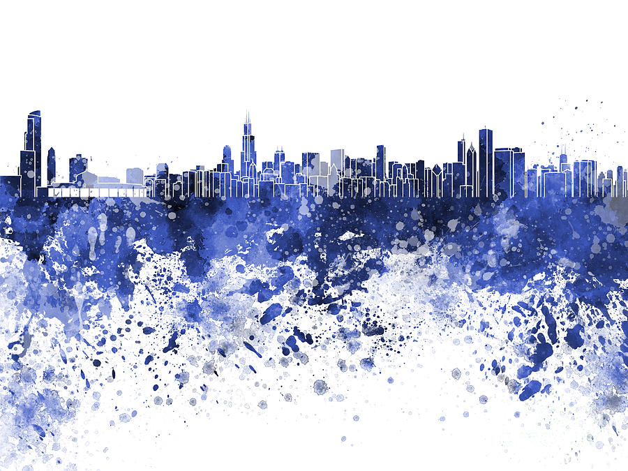 900x675 Chicago Skyline In Blue Watercolor On White Background Painting By - Chicago Skyline Painting Abstract