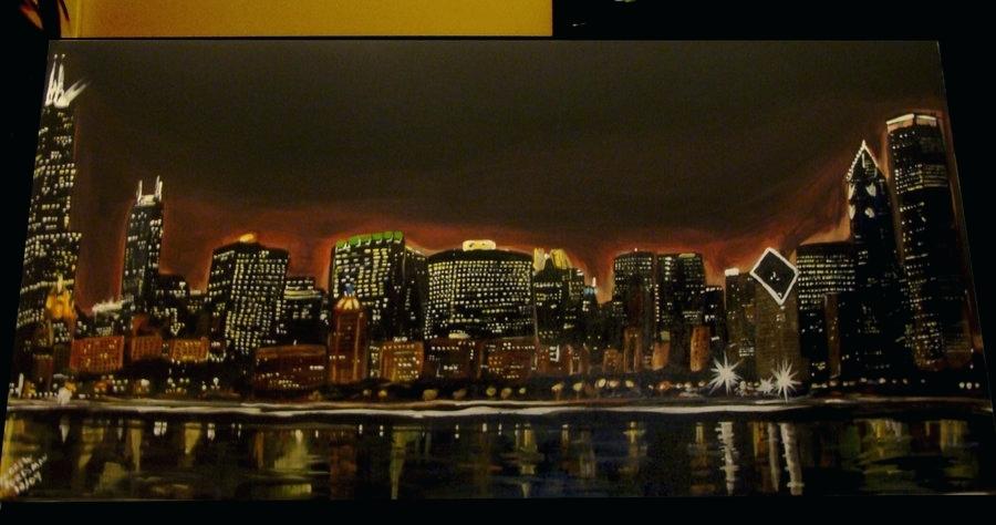 900x474 Chicago Skyline Painting Abstract Sunset Oil - Chicago Skyline Painting Abstract