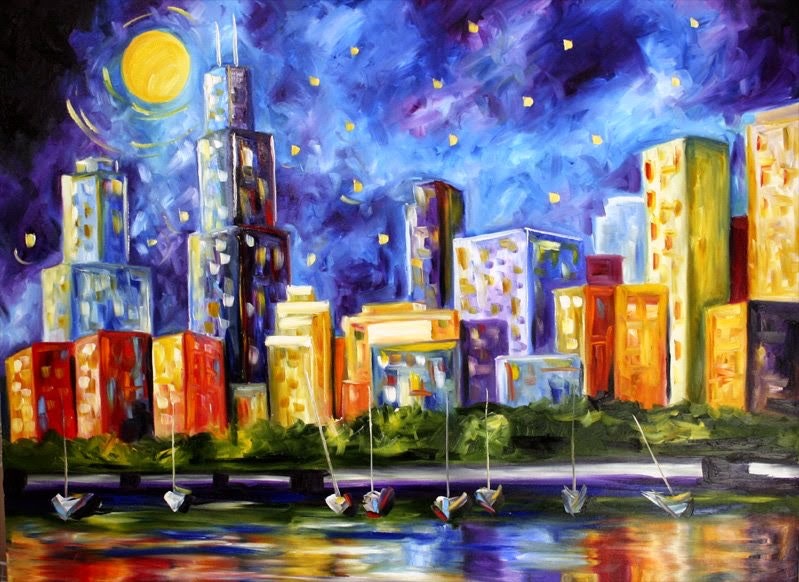 799x582 Chicago Skyline By Texas Artist Laurie Pace By Artist Laurie - Chicago Skyline Painting Abstract
