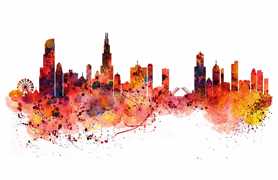 900x582 Chicago Watercolor Skyline Mixed Media By Marian Voicu - Chicago Skyline Painting Abstract