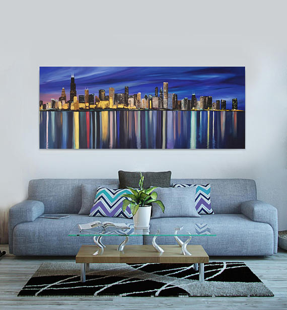 570x616 Chicago Skyline Painting Chicago Night Skyline Abstract - Chicago Skyline Painting Abstract
