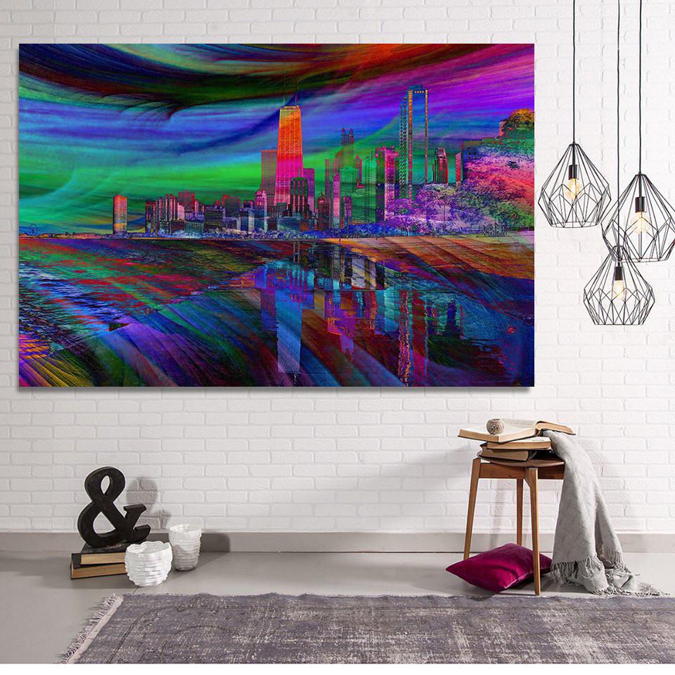 960x960 Modern Crazy Abstract Chicago Skyline Wall Graphic Canvas - Chicago Skyline Painting Abstract