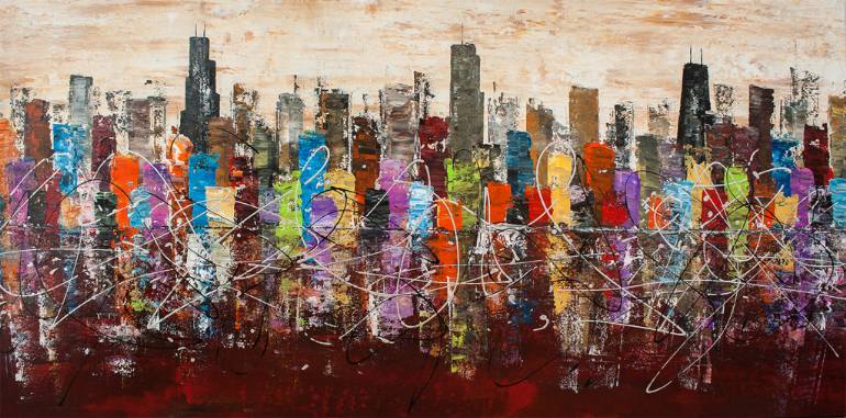 770x381 Saatchi Art Enormous Chicago Scape Knife Huge Modern Abstract By - Chicago Skyline Painting Abstract