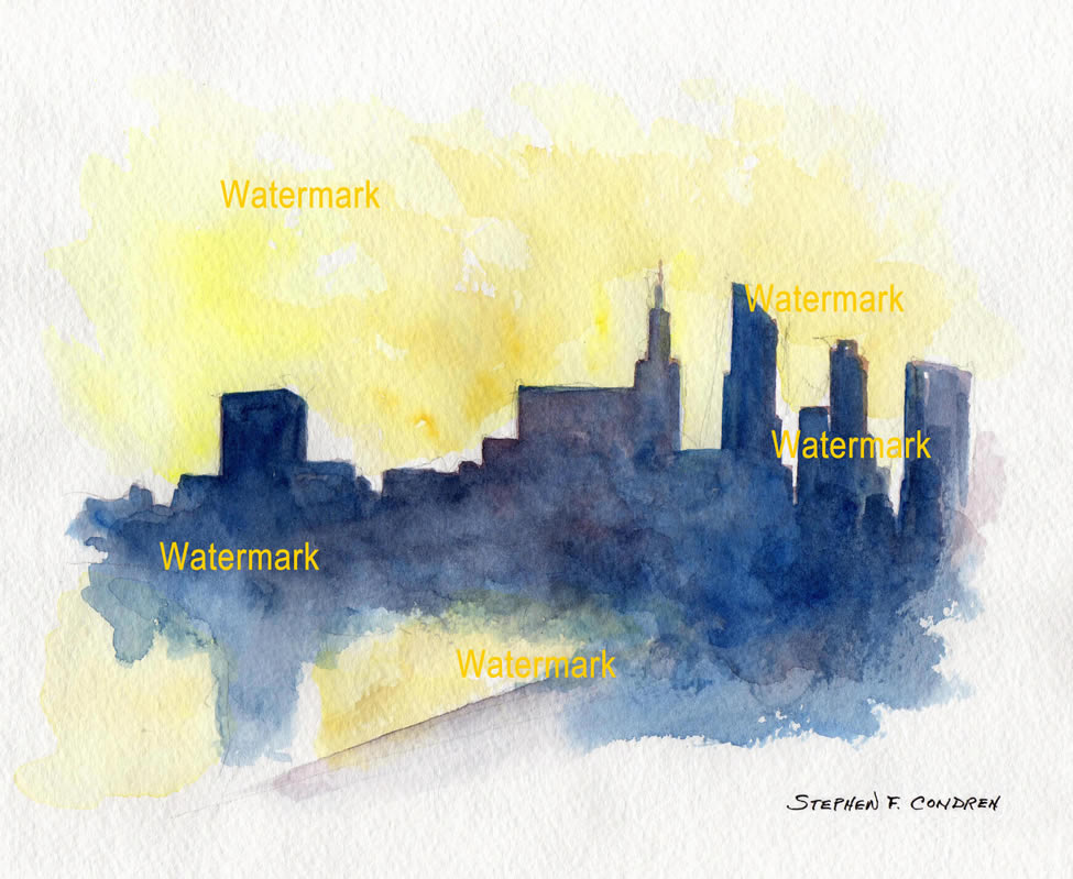 975x799 Chicago Skyline Watercolor Painting At Sunset - Chicago Skyline Silhouette Painting