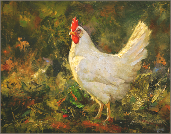599x470 Chicken Painting Leghorn Original Oil Painting White Chicken - Chicken Oil Painting