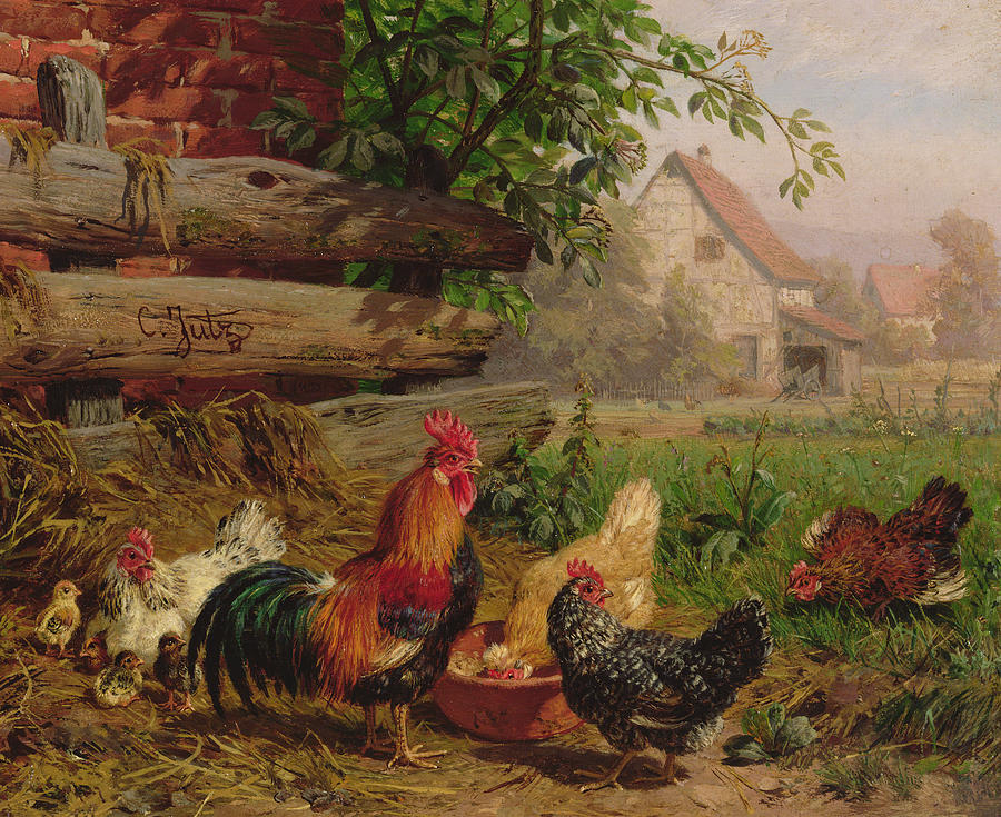 900x735 Farmyard Chickens Painting By Carl Jutz - Chicken Painting