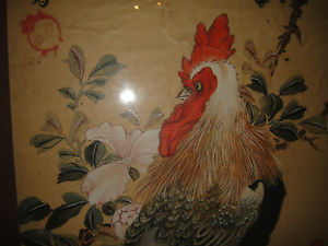 300x225 Antique Chinese Japanese Painting Of Rooster Amp Hen Chicken - Chicken Painting