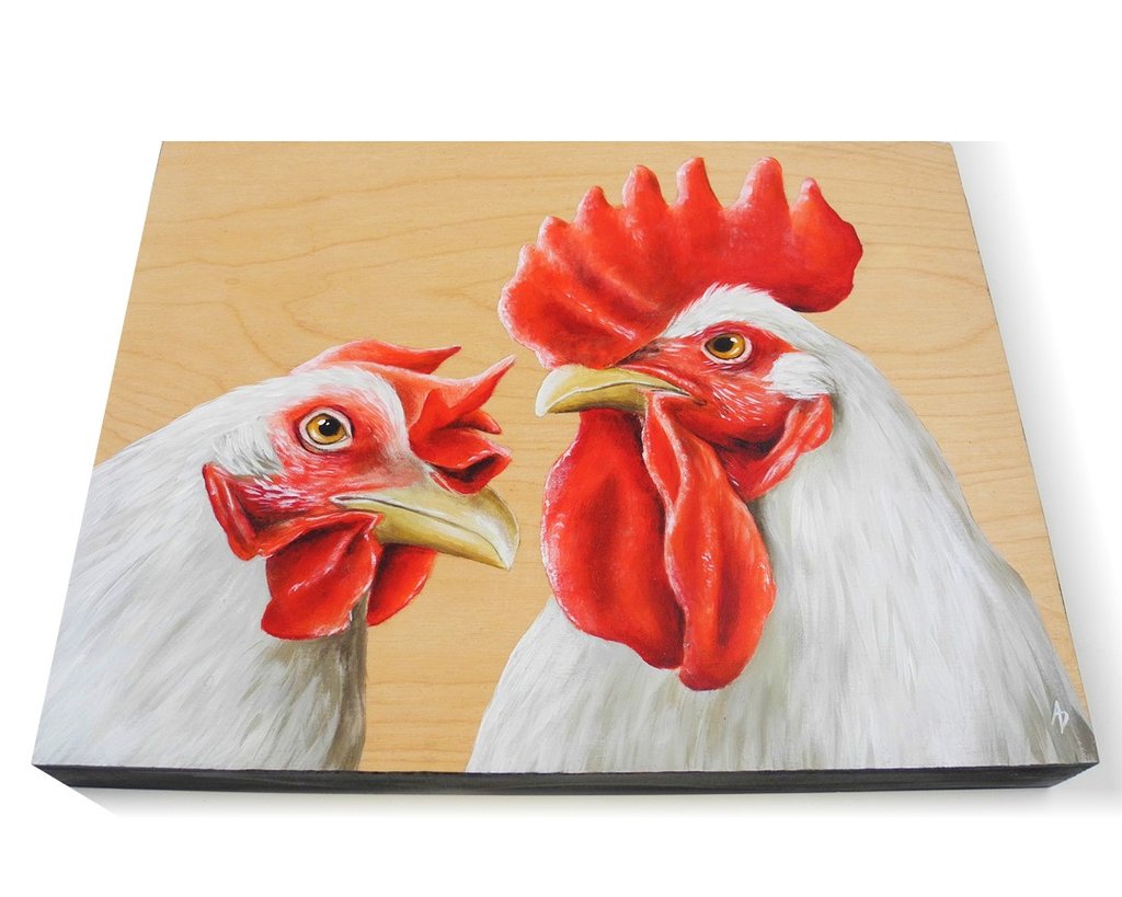 1024x819 Pair Of Chickens Painting Of A White Rooster And Hen On Bare Wood - Chicken Painting