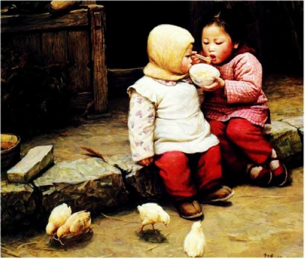 600x511 Oil Painting Chinese Children Chinese Calligraphy Art For Sale - Child Oil Painting