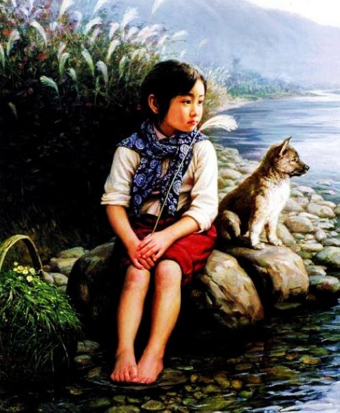 494x600 Child Dog By The River Chinese Oil Painting Chinese Calligraphy - Child Oil Painting