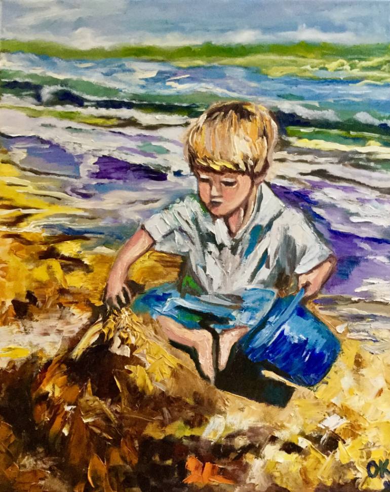 770x973 Saatchi Art Boy Is Playing On The Seaside. Childhood Time - Childhood Painting