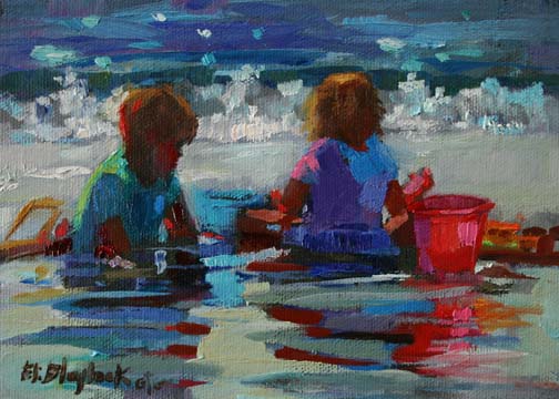 504x360 Daily Paintings By Elizabeth Blaylock, American Impressionist - Children Playing On The Beach Painting
