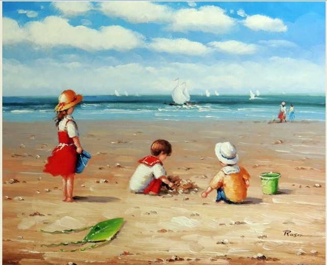 640x519 Children Playing Beach Sand 1800's Boats Ocean 50x60 Stretched Oil - Children Playing On The Beach Painting