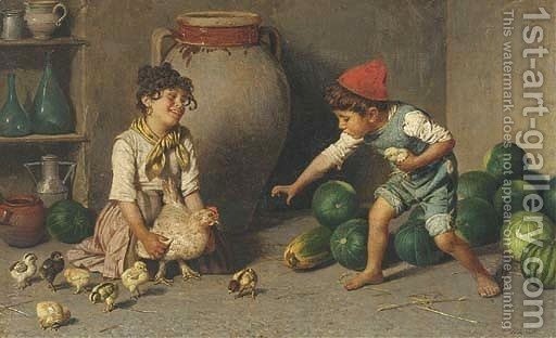 512x312 Children Playing With A Mother Hen And Her Chicks Federico - Children Playing Painting