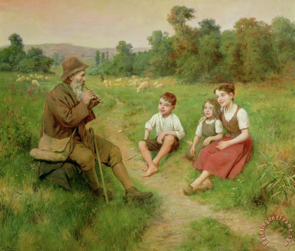 960x818 J Alsina Children Listen To A Shepherd Playing A Flute Painting - Children Playing Painting