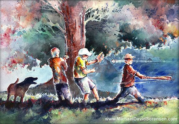 570x395 Original Watercolor And Acrylic Painting. Kids Playing Baseball - Children Playing Painting
