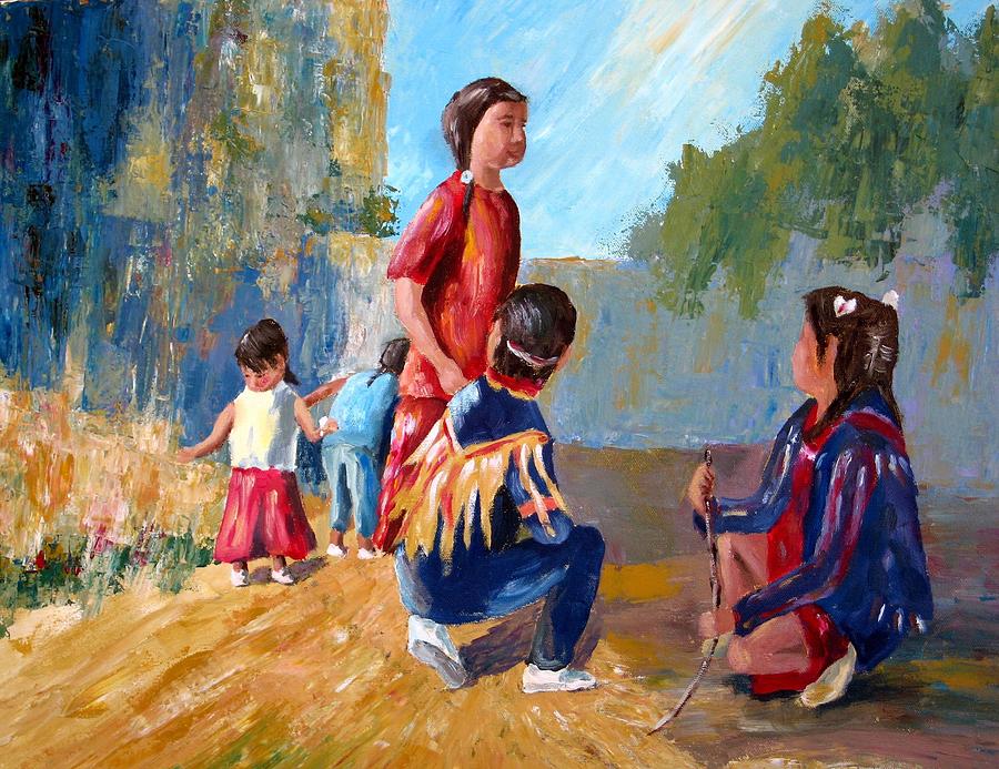900x693 Paiute Indian Children Playing At The Powwow Painting By Gretchen - Children Playing Painting