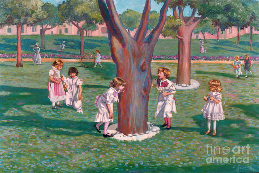 900x604 Children Playing Around A Tree Painting By Dominique Amendola - Children Playing Painting
