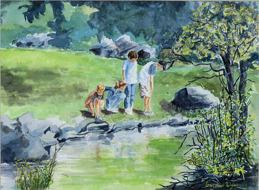 900x660 Children Playing At A Pond Ny Painting By Stephen S Yaeger - Children Playing Painting