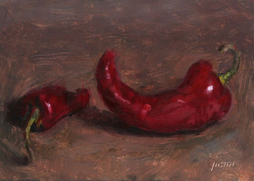 500x356 Paintings By Justin Clayton Chili Peppers 5x7 In. - Chili Pepper Painting