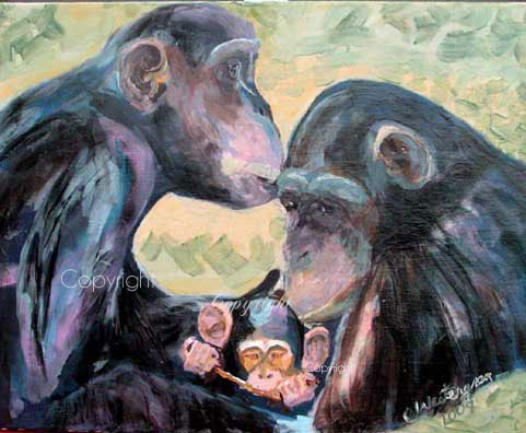 481x396 Painting Of A Chimpanzee Family. - Chimp Painting