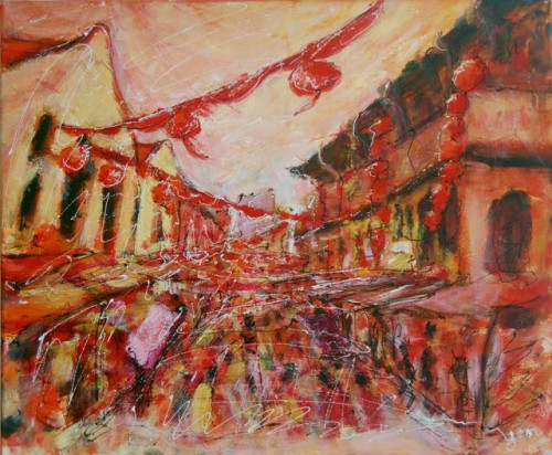 500x412 Lanterns Singapore Chinatown Chinese Shophouses Original Painting - Chinatown Painting