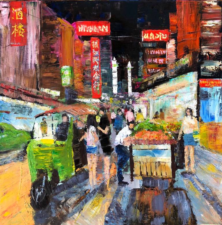 770x779 Saatchi Art Chinatown Night Scene Painting By Shelly Du - Chinatown Painting