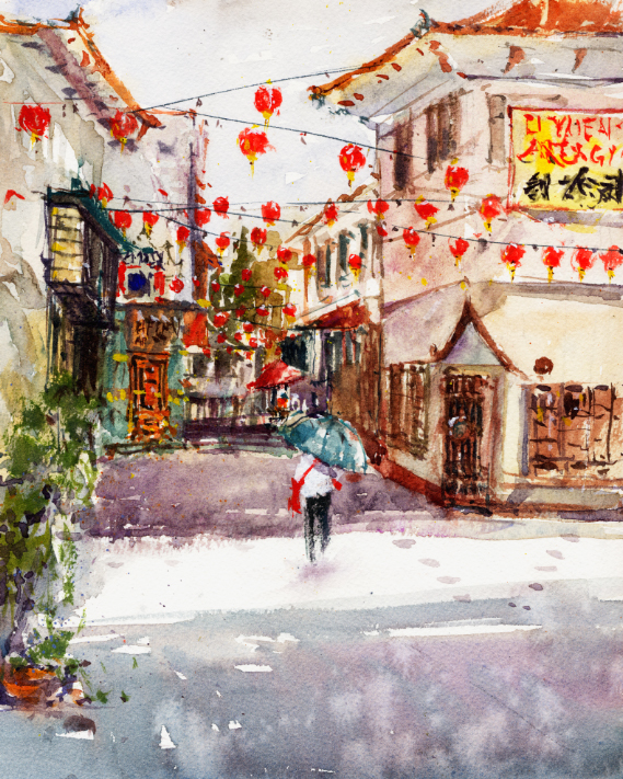 569x711 Sherry Schmidt Watercolors Chinatown! - Chinatown Painting