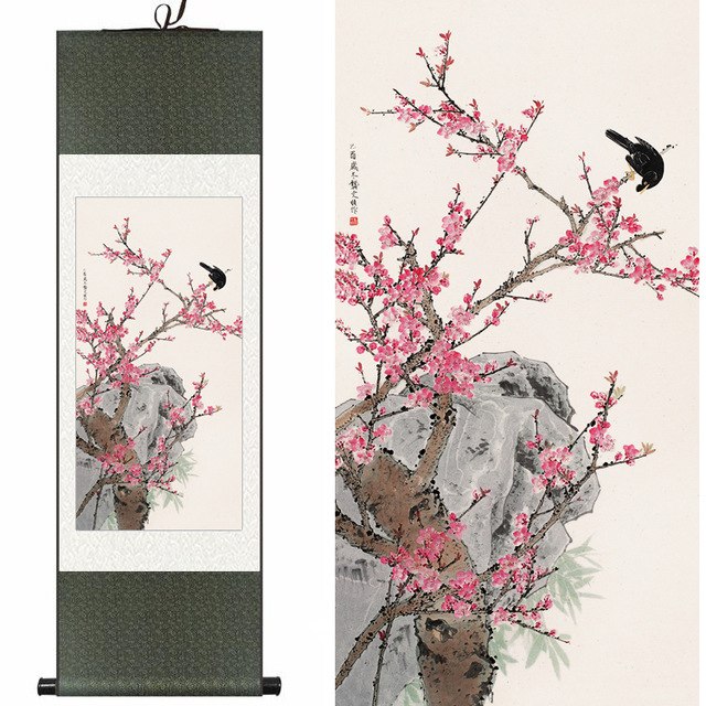 640x640 Chinese Silk Watercolor Flower And Birds Plum Blossom Starling Ink - Chinese Blossom Painting