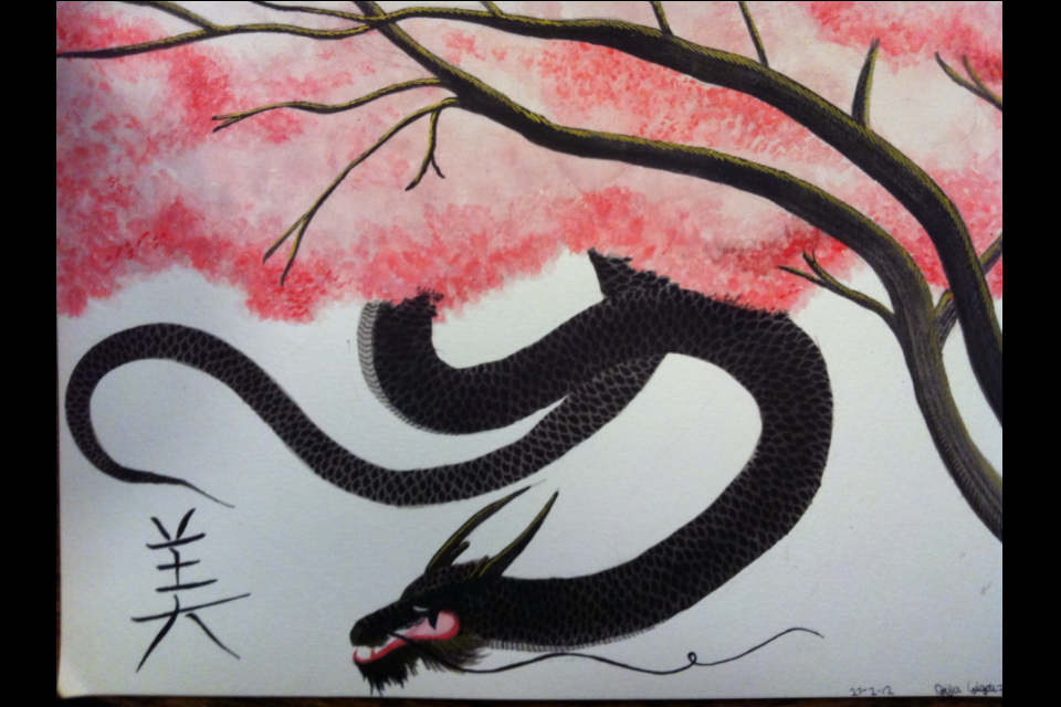 960x640 Cherry Blossom Tree And Chinese Dragon By Aylagigacz - Chinese Blossom Tree Painting