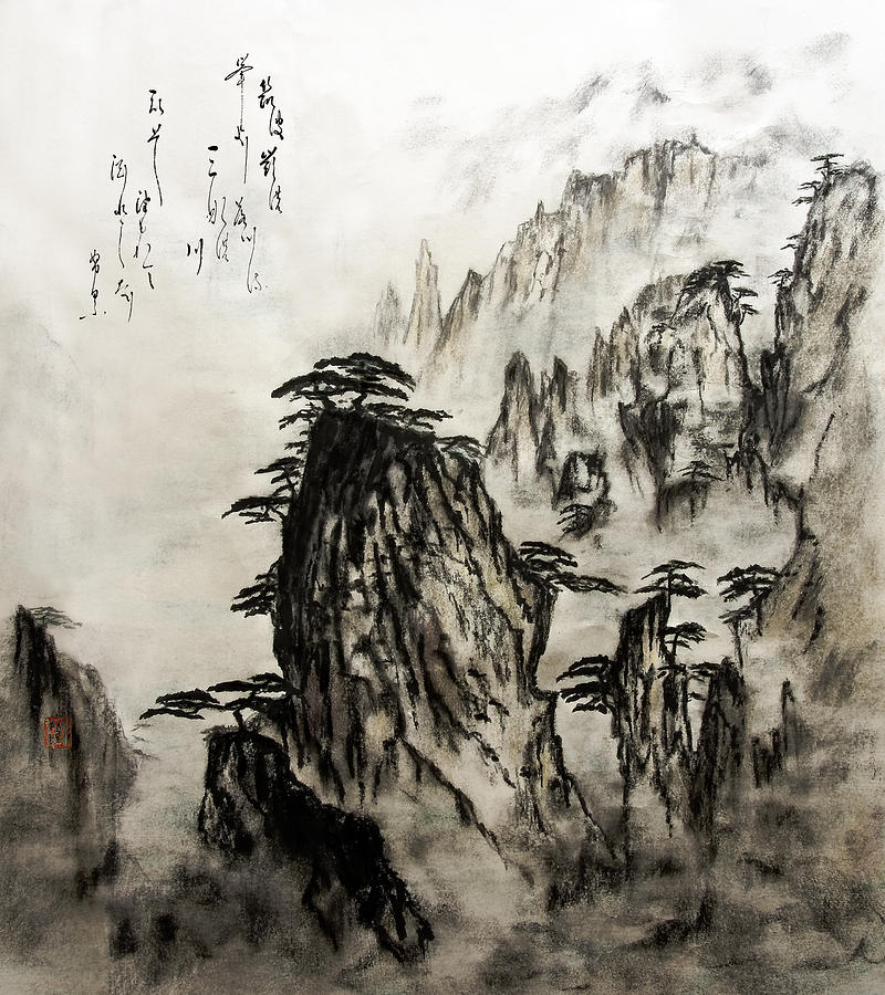 800x900 Chinese Mountains With Poem In Ink Brush Calligraphy Of Love Poem - Chinese Calligraphy Painting
