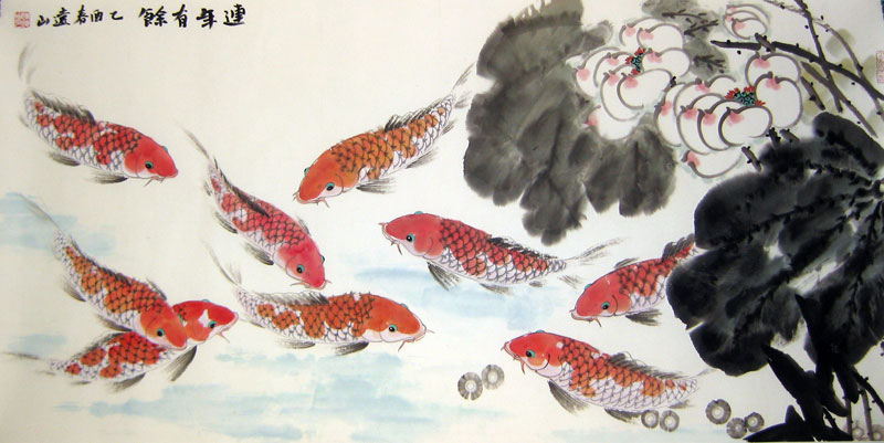 800x401 Fish And Lotus - Chinese Calligraphy Painting Fish