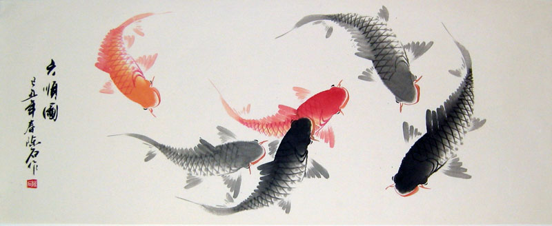 800x328 Six Fishes - Chinese Calligraphy Painting Fish