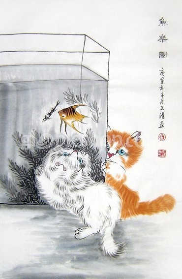 370x567 Chinese Cat Painting,happy With The Fish,traditional Chinese Painting - Chinese Cat Painting