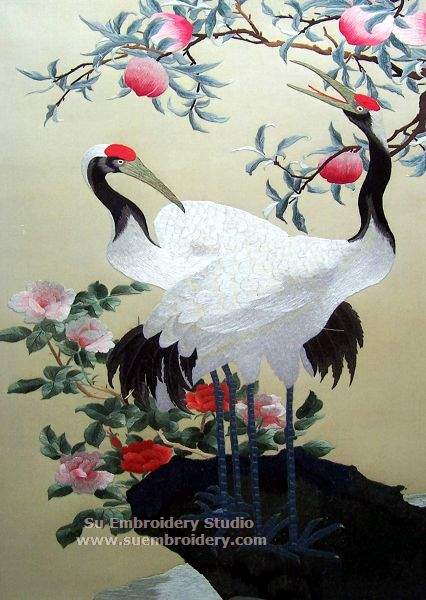 426x600 Chinese Red Crowned Crane Silk Embroidery - Chinese Crane Painting