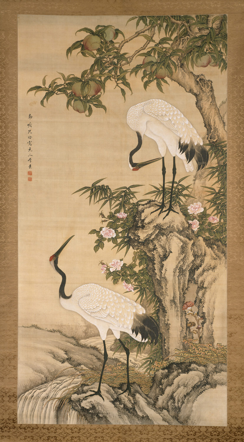 827x1500 Cranes, Peach Tree, And Chinese Roses After Shen Nanpin - Chinese Crane Painting